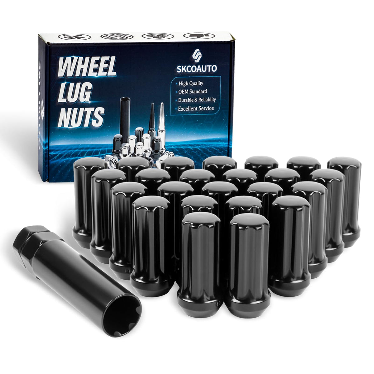 SKCOAUTO M14x1.5 Spline Lug Nuts Black 24pc + Key - SKU 725973