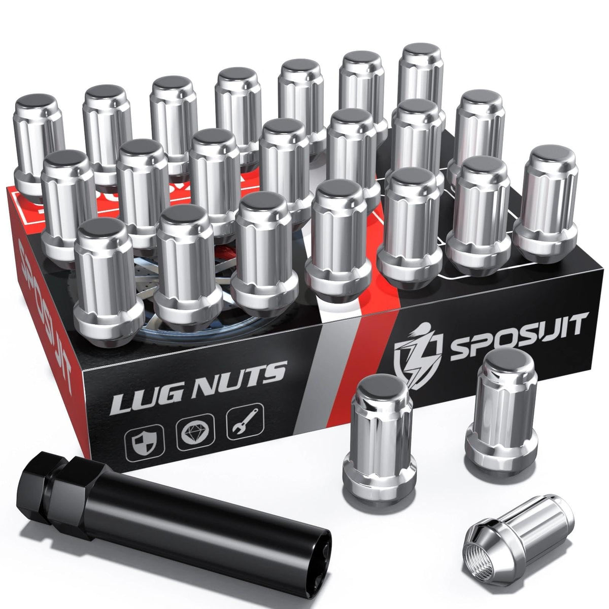 Sposuit 24 Pcs M12x1.25 Chrome Spline Lug Nuts, 19mm Hex, for Nissan - SKU 738339
