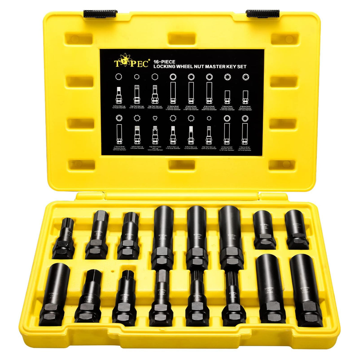 Topec 16-Piece Locking Lug Nut Master Key Set | 5, 6, 7, 12 Spline Socket Set, Star and Internal Hex… - SKU 746199